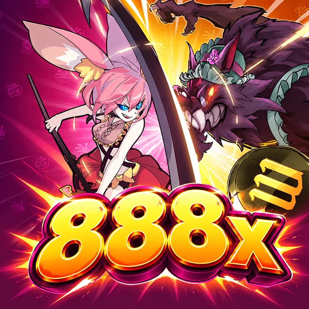 Ilustrasi pertarungan karakter gadis bertelinga kelinci dan serigala bertopi nenek dari Hood Wolf dengan logo 888x