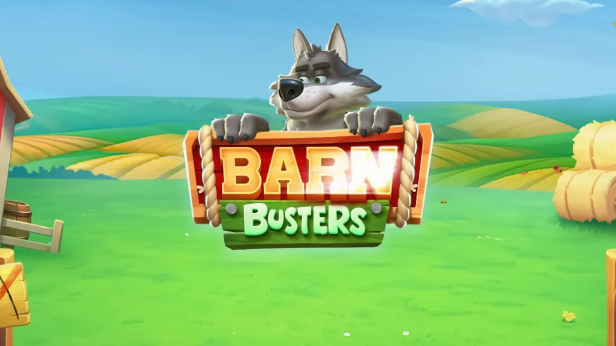 Interface do jogo de slot Barn Busters com tema de fazenda