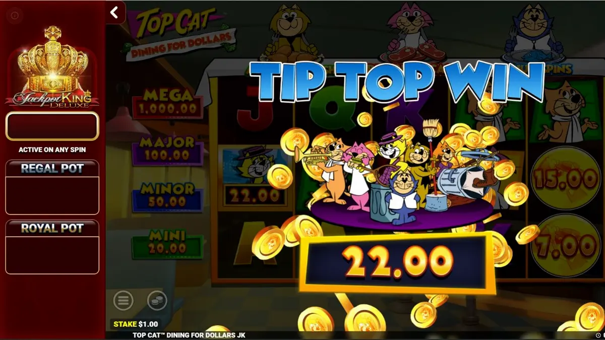 Personagens de Top Cat em um cenário de restaurante no slot Top Cat Dining For Dollars